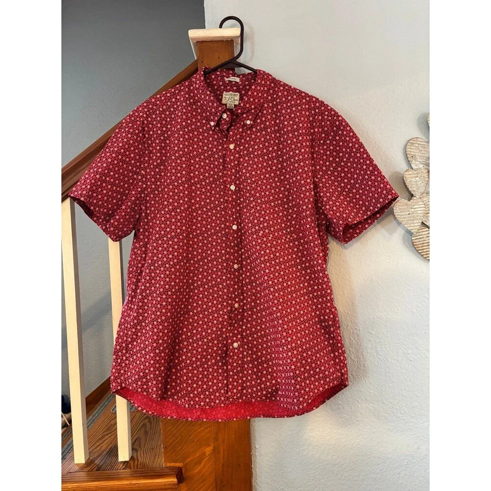 J.Crew Flex Washed Shirt XL Slim Fit Red Geometric Short Sleeve Button floral